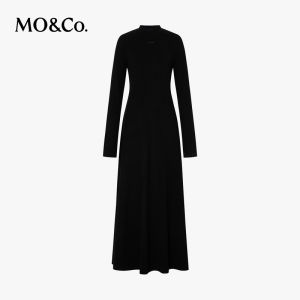 MoCo Wool Blend Dress Warm German Velvet Waist Cinching Maxi Dress Height Enhancing Long Sleeve Street Style Winter Dress
