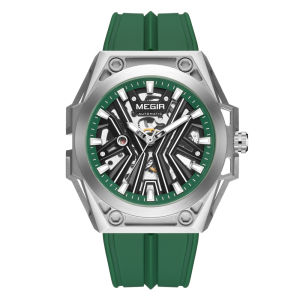 MEGIR Nam Đồng Hồ Cơ Mặt Đồng Hồ Đồng Hồ Thép Không Gỉ 316 Dây Đeo Silicon Chống Nước 50M Đồng Hồ Đeo Tay Tự Động
