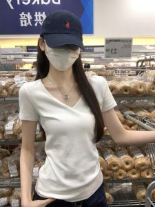 Áo Thun Nữ Cổ Chữ V Tay Ngắn Ôm Vừa Vặn Phong Cách Hàn Quốc Mùa Thu 2025 Áo Thun Nữ Chất Liệu Cotton Thường Ngày