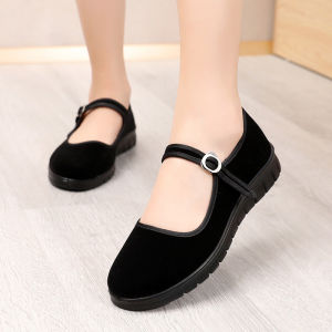 รองเท้าผ้าปักสไตล์ปักกิ่งสำหรับผู้หญิง รองเท้าทำงานพื้นนุ่ม กันลื่น รองเท้าเต้นรำ พื้นแบน รองเท้าสวมสบาย สีดำ รองเท้าสำหรับคุณแม่