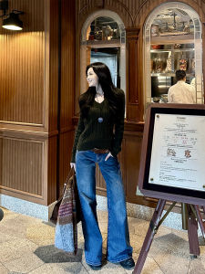 Retro American Thickened Low Waist Small Size Flared Denim Jeans Womens Deep Blue Bamboo Fiber Patterned Bell Bottoms