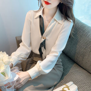 เสื้อเชิ้ตผู้หญิงแขนยาวผ้าชีฟองสไตล์ฝรั่งเศส คอวี เสื้อเชิ้ตแฟชั่นฤดูใบไม้ผลิและฤดูใบไม้ร่วง ใส่ด้านในได้ เสื้อเชิ้ตผู้หญิง