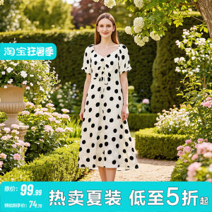 Bow Detail Fitted V-Neck Polka Dot Summer Dress