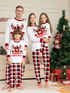 Christmas Family Matching Pajamas Cartoon Reindeer Plaid Sleepwear for Parents And Children Home Clothes Suitable for All Ages