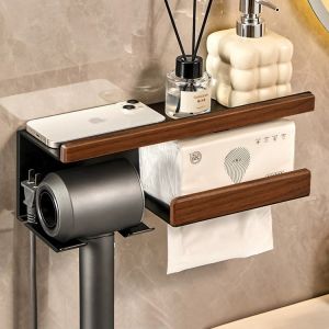 Walnut Wood Wall-Mounted Hair Dryer Holder Integrated Towel Rack Middle-Aged Style Bathroom Storage Shelf No-Punching Needed