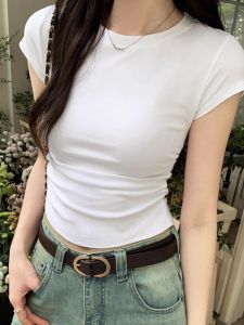 White Slim Fit Short Sleeve T-Shirt Womens Summer New Style Design Sense Small Audience Waist Cinching Short Top