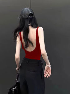 Red Backless Spaghetti Strap Camisole Summer Activewear Integrated Bra with Pads