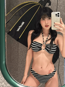 Bikini Nữ Cao Cấp Cỡ Nhỏ Không Dây Vai Đeo Chéo Họa Tiết Sọc Đi Biển Ngày Lễ Cạp Giữa Bằng Vải Nylon Có Đệm Ngực