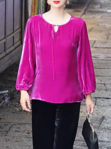 QINGNAER | Chic Simple Velvet Long Sleeve Top Rose Red