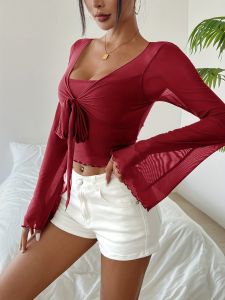 Summer Womens Y2k Floral Printed Sweet V-Neck T-shirts Mesh Beach Party Dress Top Flare Sleeve Square Collar Lace Up Shirt 2025