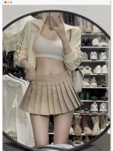 Khaki Suit Style High Waist A-Line Mini Skirt Womens Spring Autumn Short Skirt JK Skirt Pleated Skirt Slimming Effect