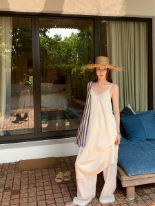 Textured V-neck Maxi Dress Summer Versatile Casual 13C Korean Style Polyester Nylon Blend Sleeveless Long Dress