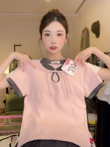 Áo Thun Nữ Tay Ngắn Màu Hồng Mới Phong Cách Trung Hoa Cổ Tròn Dáng Ôm Vừa Vặn Tay Áo Xếp Nếp Trang Trí Viền Tay Áo Ngắn Mùa Hè