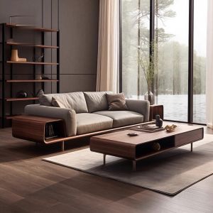 New Chinese Style Solid Wood Black Walnut Living Room Sofa And Coffee Table Ensemble Straight Row Fabric Sofa Storage Space