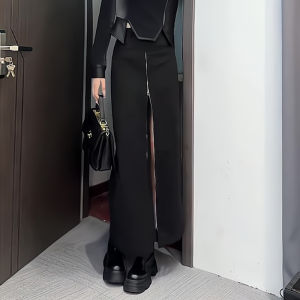 Black High Slit Zipper Slimming Midi Skirt Womens Summer High Waist Slimming High Fashion A-Line Skirt Trendy plus Size