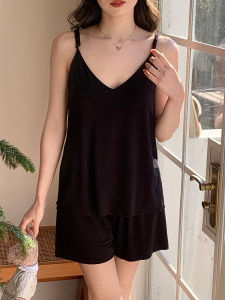 ชุดนอนแขนกุดคอวีแบบมีแผ่นเสริมหน้าอก ชุดนอนผู้หญิง ชุดนอนฤดูร้อน ชุดนอนแขนกุด ชุดนอนผ้าโมดอล ชุดนอนเปิดหลัง ชุดนอนแขนกุด