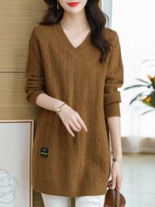 Autumn and Winter 150.00kg Extra Large Size Loose Mid Length Long Length Pure Color V-neck Simplicity Style Chubby Girl Knitting Knitting Shirt Womens Fashion