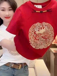 Red Short Sleeve T-Shirt Womens Loose Fit Summer Style Korean Version Cotton Classic Pattern round Neck Moms Clothing