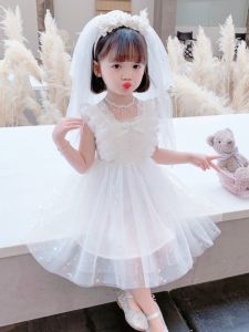 Girl Summer Clothes Dress Performance Birthday Dress Summer White Yarn Wedding Princess 61 Kids White Western Style