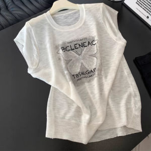 BINKAFENNY | Plus Size Large White Round Neck Printed Knitted Short Sleeve T-Shirt Women Summer Loose Slimming Thin Top Korean Style Commute