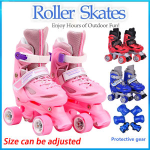 【Free protective gear】adjustable double row roller skates for kids suitable for beginners 6 years 8 years 12 years old boys and girls 4 wheel roller skate shoes breathable children outdoor sports roller skates non-slip abrasion resistant