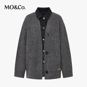 MO＆Co. Boxyfit Thickened Knitted Cardigan Sweater Jacket Black Cattle Splicing Alpaca Wool Loose Fit Street Style Autumn Wear