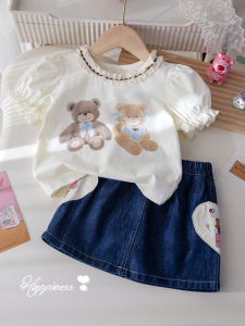 Summer Girls New Bubble Sleeve Lace Collar Short Sleeve T-shirt & Denim Mini Skirt Set
