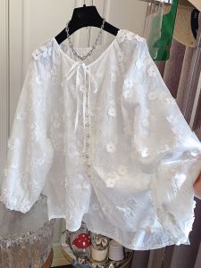 สีขาว ปัก ลูกไม้ เสื้อตุ๊กตาแขนยาวลายดอกไม้ ผู้หญิง เสื้อท่อนบน ลำลอง กระดุมเดี่ยวคอกลมสไตล์เดินทาง หลวม Fit