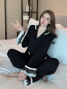 ชุดนอนผู้หญิงแขนยาวฤดูใบไม้ร่วง กางเกงขายาว เสื้อคลุมเปิดหน้าด้านบน ขอบลูกไม้ สีดำ 2025 ชุดอยู่บ้านใหม่