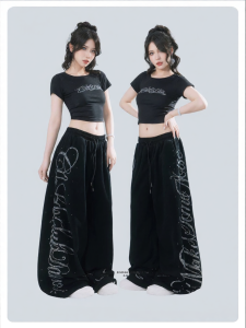Hip Hop Style Rhinestone Black Loose Trousers