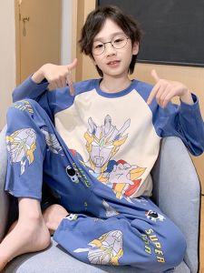 Childrens Cotton Pajamas Long Sleeve Thin Home Clothes Set for Boys Spring Autumn Seasonal Anti-static Breathable Moisture-wicking