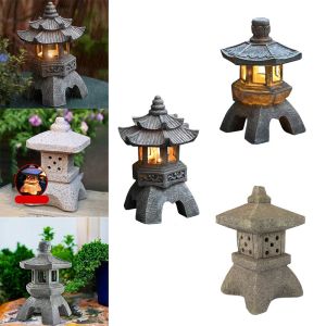 JeeYee Outdoor Solar Garden Statue Creative Garden Accessories Resin Zen Ornaments Tower Statue Stone Pagoda Lantern Solar Lamp Palace Lanterns