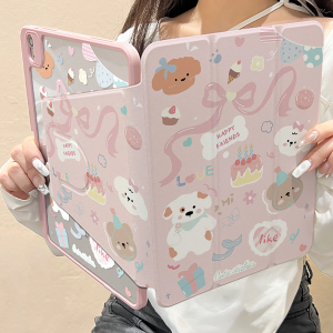 iPad Case Air6 Air7 11/13 with Pencil Holder Case Gen10 Air5/4 Ribbon Bow Bear iPad Pro11/13 Gen11