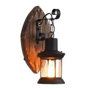 Vintage Wall Lamp with Wooden Base Industrial Sconce Black Metal Wall Light Fixture for Dining Room Hallway Porch Decorate