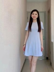 Elegant Pure Color Short Sleeve Three-acetate Waist-cinching Dress for Ladies Summer Fashion Simple Design Ball Gown Skirt