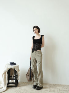 FOT2025 Spring Summer Lace 2-Piece Set Wool Blend Inner Elastic Feather Lace Vest Outer Silk Touch Top Asymmetric Slim Fit