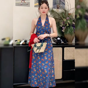 BINKAFENNY | Dopamine Blue Floral Print Halter Neck Backless Sleeveless Long Dress Women Summer Beach Vacation Style Beautifully Designed Dress