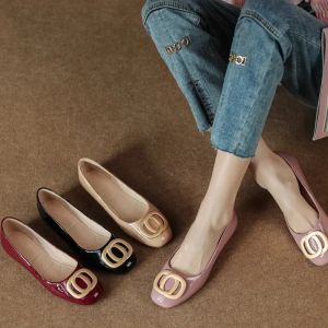 Women summer Flat retro square toe Ballet shoes metal buckle soft leather Boat shoes