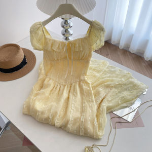 PAIBOLI | Summer 2025 Womens Mid-Length Yellow Dress French Sweet Square Collar Bubble Sleeve Waist-Cinching A-Line Dress
