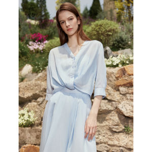 Elle | Blue Stripe Loose Fit V-Neck Short Casual Shirt