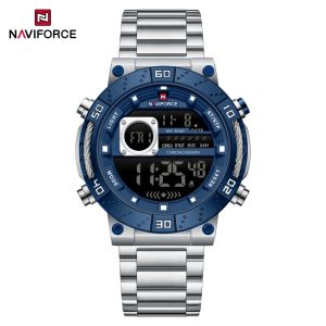 NAVIFORCE Mens Watch Luxury Night Light Watch Business Waterproof Stainless Steel Strap LCD Digital Display Movement Boy Clock