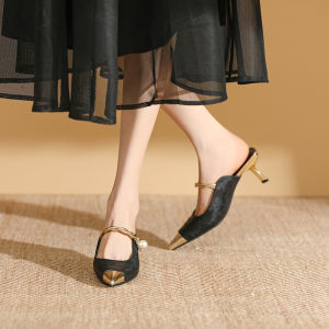 รองเท้าส้นสูงแบบสวมครึ่งนิ้วสำหรับผู้หญิง ทรงหวาน ส่วนบนทำจากหนังไนลอน ด้านในทำจากหนังแกะ รองเท้าลำลองสำหรับใส่ไปทำงาน