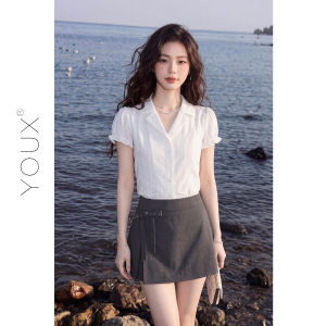 YOUXIANG | Áo Sơ Mi Cổ V Dài Tay Ngắn Màu Trắng Phong Cách Pháp Sang Trọng Đồ Công Sở Mùa Hè