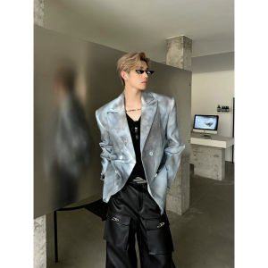 สีเทาเข้ม Blue Mens ชุดสูท เสื้อแจ็คเก็ต Model Tie Dye Shoulder Pad Gradient Style ลำลอง Western Wear For ฤดูใบไม้ร่วง Season Teenage Size