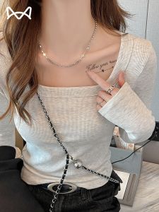 MiiOW | Áo sơ mi nữ cổ vuông dài tay ôm vừa vặn màu trắng và xám mùa thu 2024 thường ngày chất liệu polyester và nylon