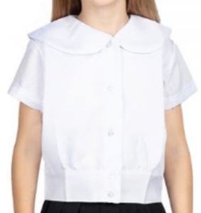White school uniform blouse with baby collar short sleeves.