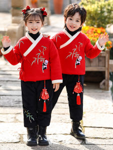 New Chinese Style Thickened Childrens Clothing Set for New Year Visits Autumn Winter Boys Tang Suit Girls Hanfu New Year Outfit