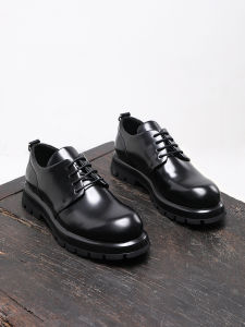 Elevated Casual Style Black Derby Shoes round Toe Thick Bottom Heightening Fashion Commuter Business Mens Leather Shoes