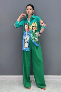 Womens 2 Piece Set Portrait Printing Long Sleeved Shirt And Wide Legged Pant Casual Fashion Summer New 5R9965