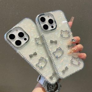 【New】Frame & Bezel Diamond Series 3D Kitty Head & Bow Pattern IMD Phone Case with Bracelet For iPhone 12 13 14 15 16 Series